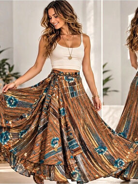 Iris Impressions Reversible Wrap Maxi Skirt Maxi Skirt Brown & Blue Like New